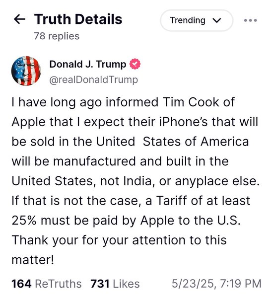 通盈证券 特朗普欲对欧盟征收50%关税，威胁对苹果收25%关税